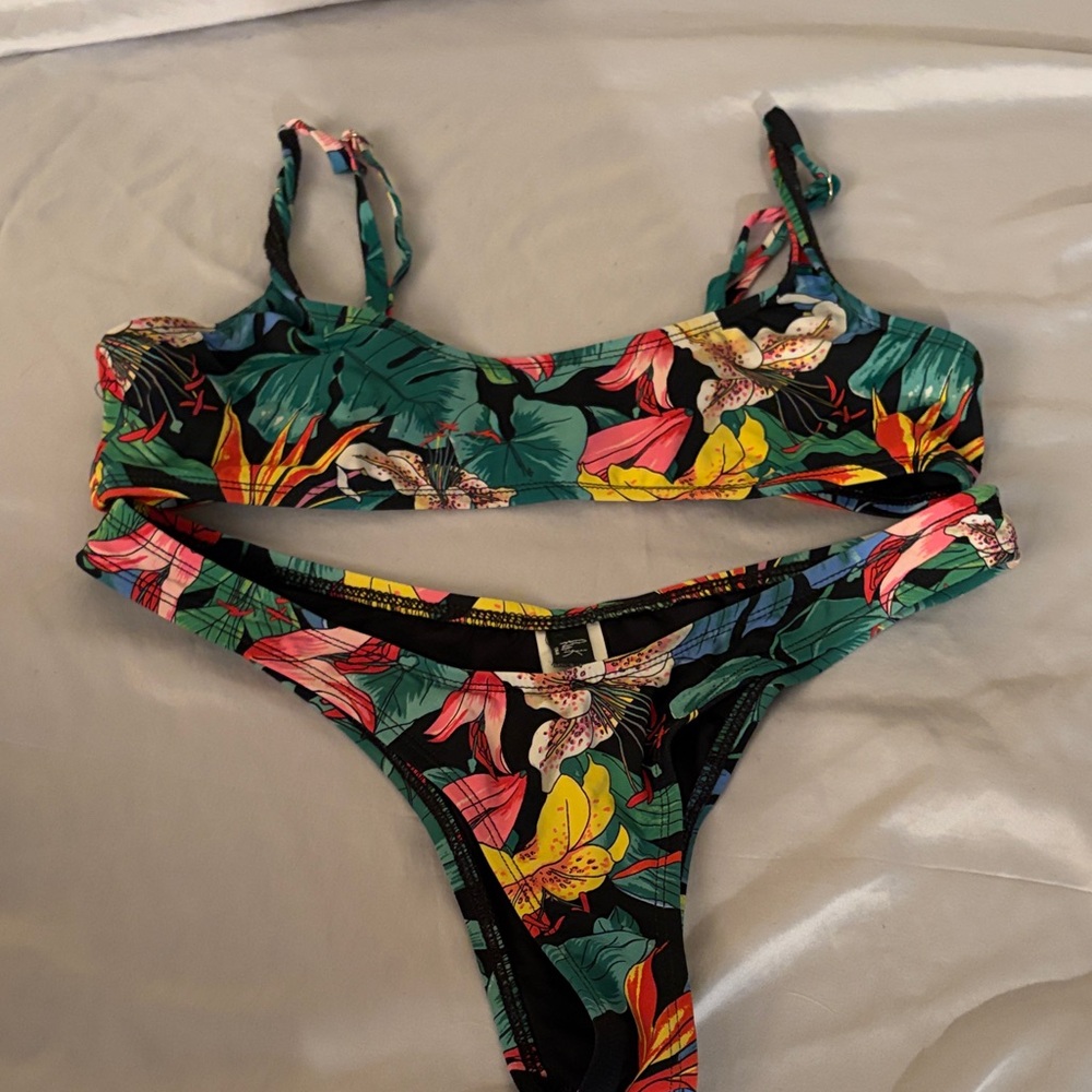 Tropical Floral Black Bikini Set - Women's Swim
